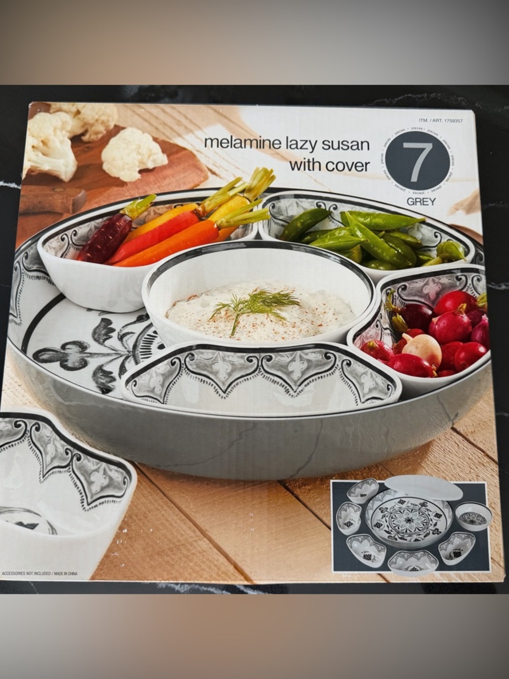 7 Piece Melamine Lazy Susan With Cover Divided Serving Dishes Black new
